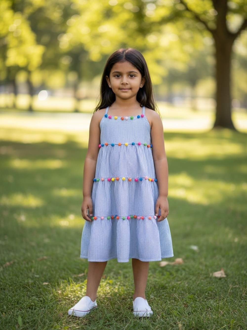 Tommy Bahama Blue and White Striped Pom-Pom Tiered Dress